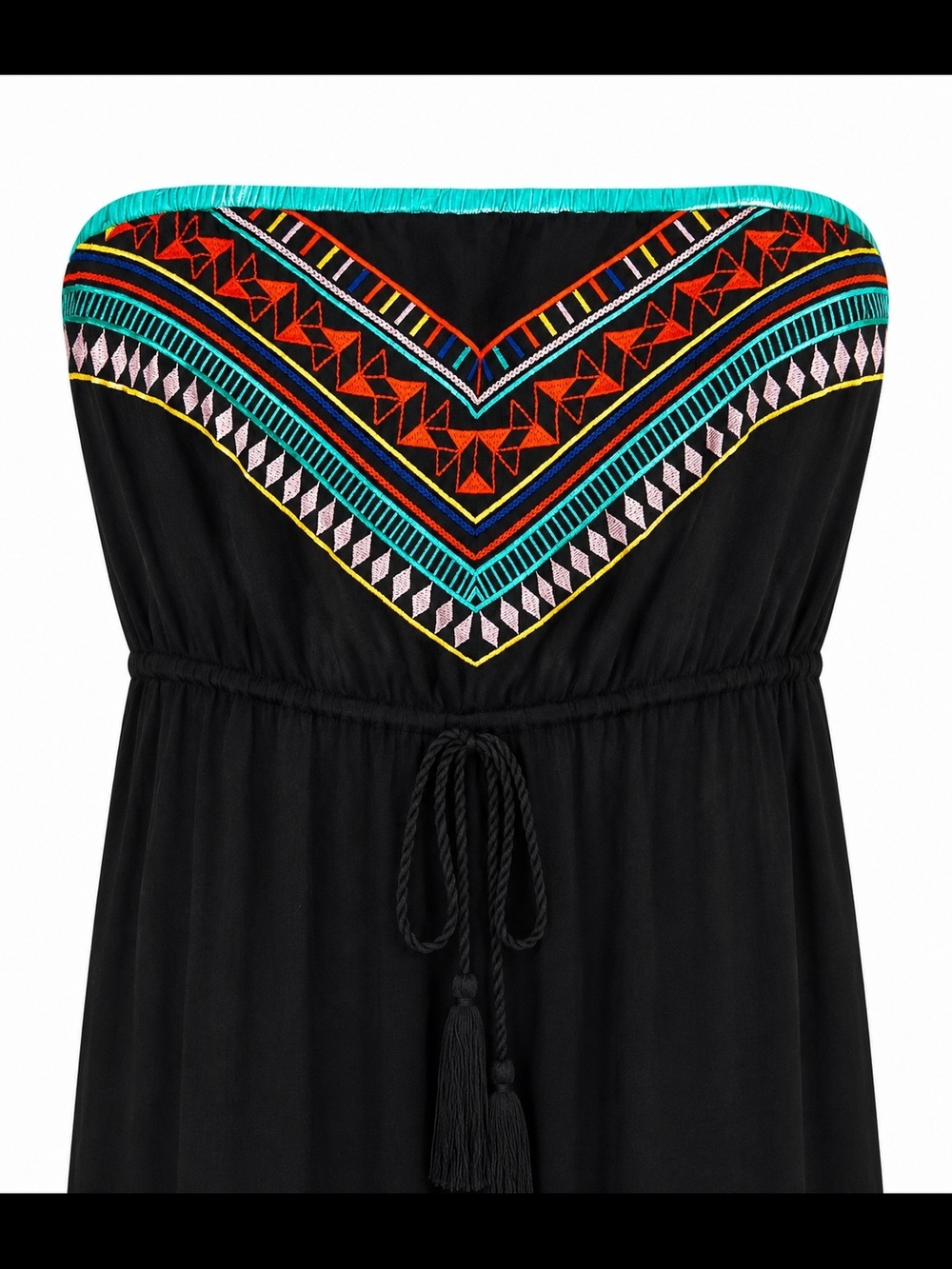 Flying Tomato Strapless Boho Maxi Dress Size L Black Embroidered Tribal Print - Picture 3 of 11